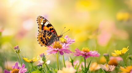 Sticker - Butterfly on Pink Flower in a Field of Blossoms