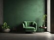 © Hendry - Living room with green armchair on empty dark concrete wall background.3d rendering