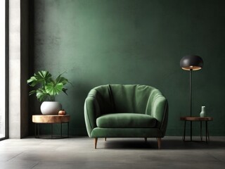 Living room with green armchair on empty dark concrete wall background.3d rendering