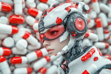 Poster - Female cyborg with red accents surrounded by floating capsules highlighting the fusion of human and machine in futuristic healthcare and AI driven medical advancements