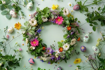 Poster - A beautiful floral wreath adorned with eggs, perfect for spring or Easter-themed designs