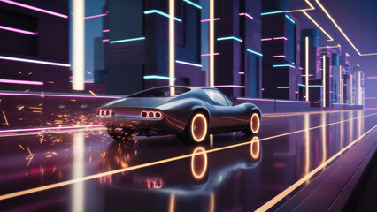 Sticker - A generic synthwave car is driving down a street with neon lights, AI