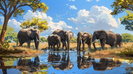 Poster - Elephants enjoy a peaceful moment at a waterhole, surrounded by lush vegetation and bright blue skies. Generative AI