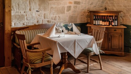 Poster - A table and chairs in a small room with wine bottles, AI