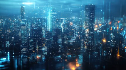 Wall Mural - Futuristic Cityscape with Digital Network Overlay at Night