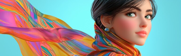 Wall Mural - colorful 3d cartoon of a beautiful young woman in a scarf