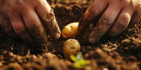 Poster - Close up of planting a potato tuber in the soil