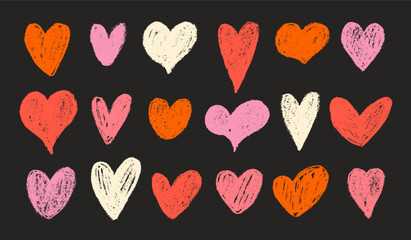 Aufkleber - Doodle crayon drawn red and pink hearts collection. Set of colored charcoal hearts, cute love motif elements.