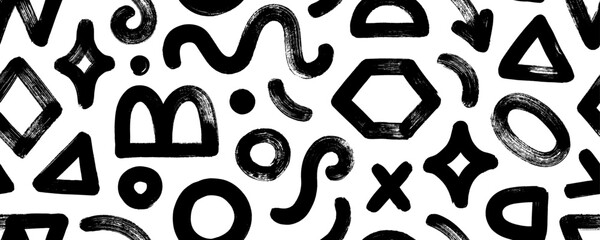 Aufkleber - Seamless pattern with abstract brutal geometric shapes and brush drawn basic figures. Doodle grunge background. Abstract playful modern graphic seamless pattern. Squiggle, circle, hexagon.