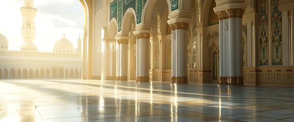 Sunlight streams through the arches of a grand mosque, illuminating the white marble floors and casting long shadows.