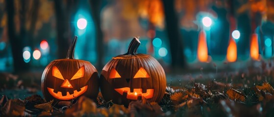 Poster - Carved pumpkins glowing in a park at night during Halloween