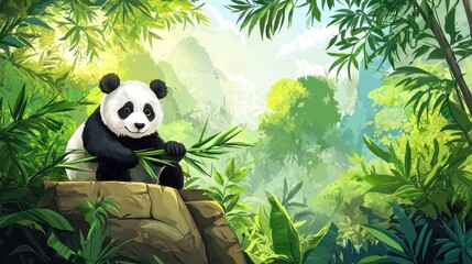 Wall Mural - Cute Panda Bear Eating Bamboo in Lush Green Forest