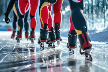 Wall Mural - A group of people gliding down a snow-covered slope on their skates, enjoying the winter scenery