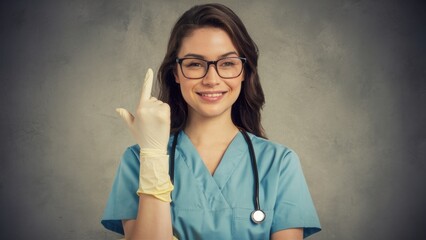 Canvas Print - A woman in a blue scrub top and gloves holding up her hand, AI