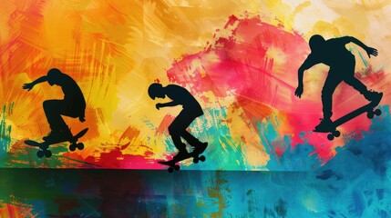 Wall Mural - Group of skateboarders in action, blurred by motion, set against a vibrant background