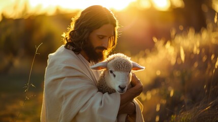 Wall Mural - A person holding a sheep in an open field