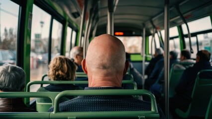 Poster - A group of a man sitting on the back seat of a bus, AI