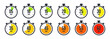 © 32 pixels - Stopwatch icons. Colorful simple chronometer, time counter with dial. Countdown timer showing hours and minutes. Deadline, measurement for sport. Cooking time label, sticker. Vector illustration