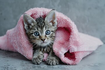 Sticker - A small kitten sits comfortably under a bright pink towel