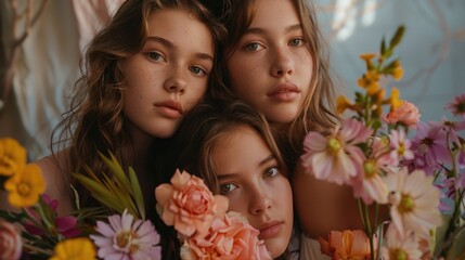 Wall Mural - Three friends pose with flowers, a moment of joy and friendship