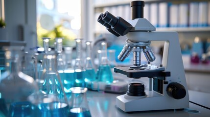 Poster - A microscope sits on a laboratory table, ready for use