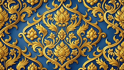 Intricate traditional Thai pattern featuring ornate golden motifs, swirls, and curves on a vibrant blue background, perfect for design and cultural projects.