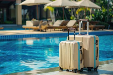 Poster - Two suitcases by a swimming pool, perfect for a vacation or resort setting