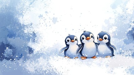 Sticker - Cute Cartoon Penguins on Snowy Background Winter Illustration