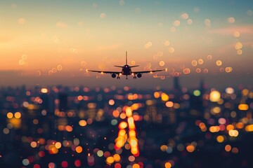 Canvas Print - Airplane flying over city skyline at nighttime, use for travel or urban themes