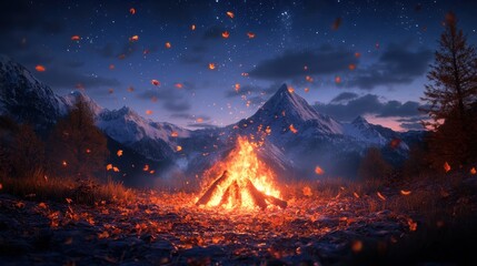 Wall Mural - A fire is burning in a circle of logs in a field