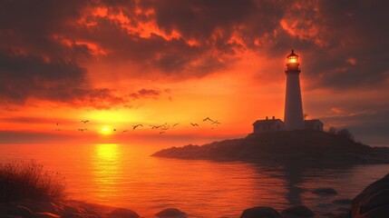 Sticker - A lighthouse stands tall against a vibrant sunset. This image represents hope, guidance, and the beauty of nature's wonders.