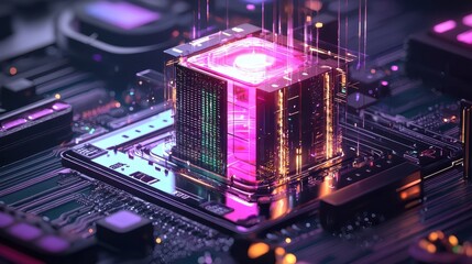 Futuristic CPU Processor Chip with Neon Lights