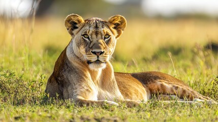 Sticker - Lioness resting in African savanna with lush green grass