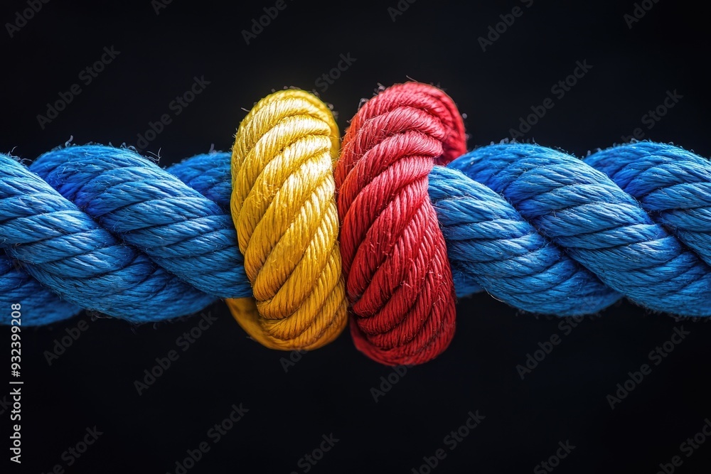 Blue, red, and yellow ropes tied together. This image is perfect for ...