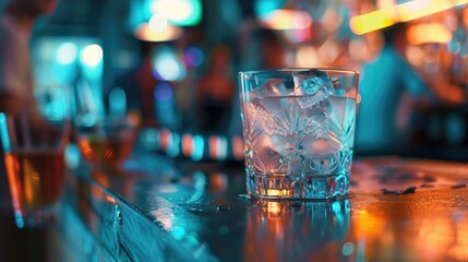 A glass of water sitting on a bar, perfect for a drink or decoration