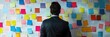 © 2rogan - Business professional presenting on a whiteboard covered with colorful sticky notes, ideal for topics such as business strategy and motivational presentations.