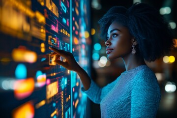 Sticker - Woman interacting with a futuristic digital display highlighting the seamless integration of technology in everyday life