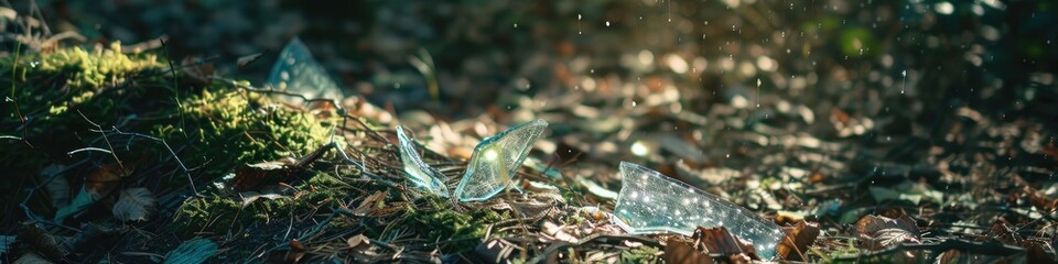 Poster - Shattered glass piece reflecting light on the ground in a wooded area