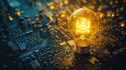 Wall Mural - Glowing yellow bulb placed on a circuit board background, symbolizing the fusion of creativity and technology, with copy space for marketing or educational purposes.