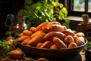 Sweet Potato on a brown background exotic food a fresh crop of raw sweet potatoe, generative IA