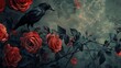© sablengjago - A black crow perches on a rose bush with dark green foliage and orange roses. The background is a hazy grey-green with an overlay of white abstract shapes.