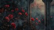 © sablengjago - A dark and moody image featuring a gothic window with ornate framing. Vines with red roses grow up the walls and outside the window, which is filled with a swirling, smoky mist.