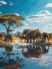 Poster - Elephants splash and drink at a serene waterhole while their family enjoys the warm afternoon in the savanna landscape. Generative AI