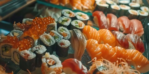 Poster - Japanese food buffet featuring sushi and sashimi