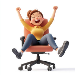 3D cartoon, a happy woman sitting in an office chair and jumping in the air with her legs crossed. on a solid white background