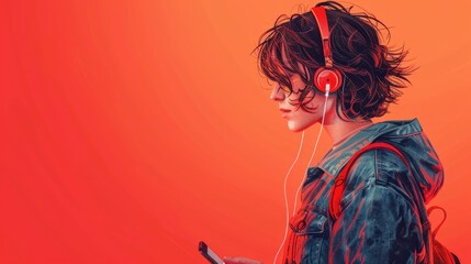 Wall Mural - A woman wearing headphones and holding a cell phone