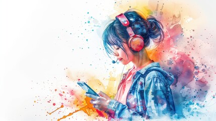 Wall Mural - A girl is looking at her phone while wearing headphones