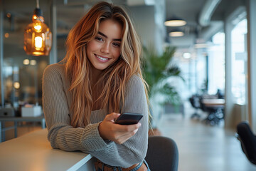 Wall Mural - Smiling Woman Using Phone in Modern Office