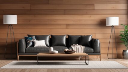 interior living room wall mockup with leather sofa and decor on wooden wall background