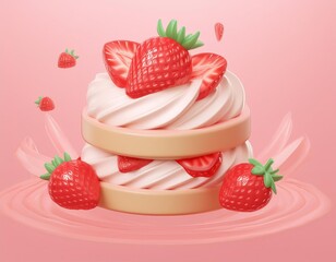 3D layered dessert topped with whipped cream and strawberries, 3D illustration